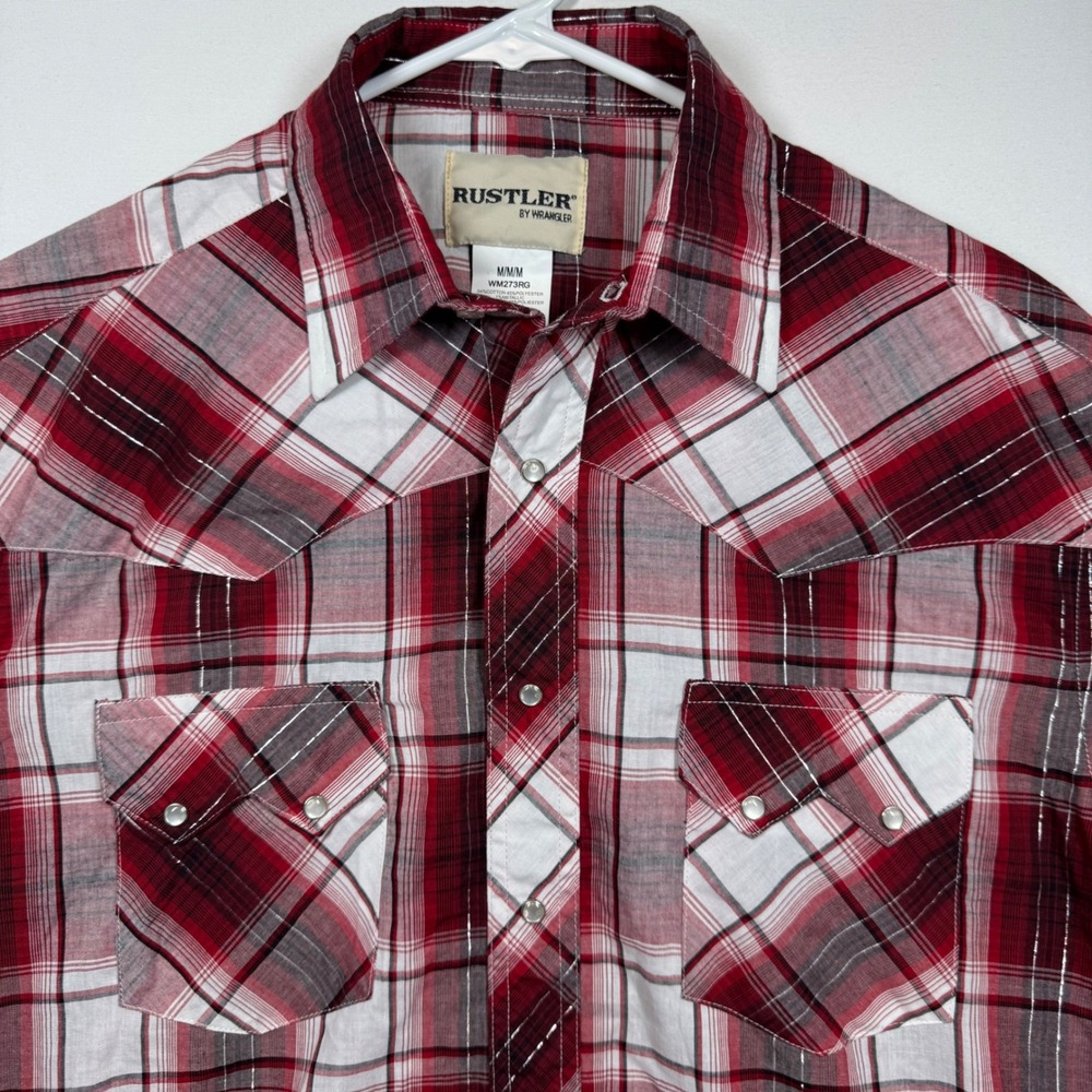 Rustler Wrangler Plaid‎ Western Shirt Metallic Pearl Snaps Short Sleeve Sz M